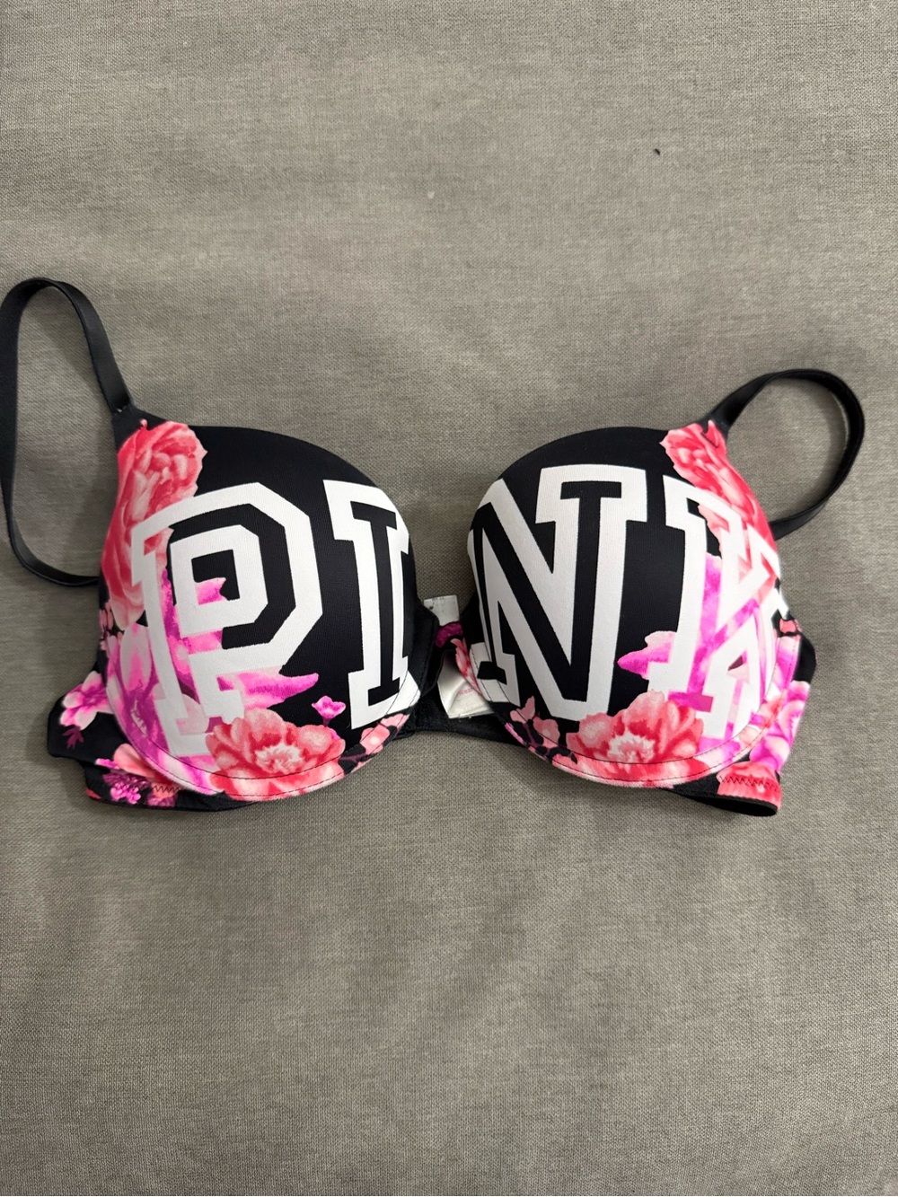 PINK Victoria's Secret Black Bra with Pink Floral Print and Bold Logo